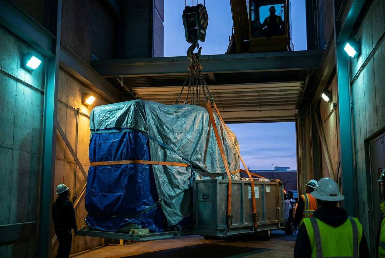 Large MRI scanner being rigged and de-installed with industrial straps and crates