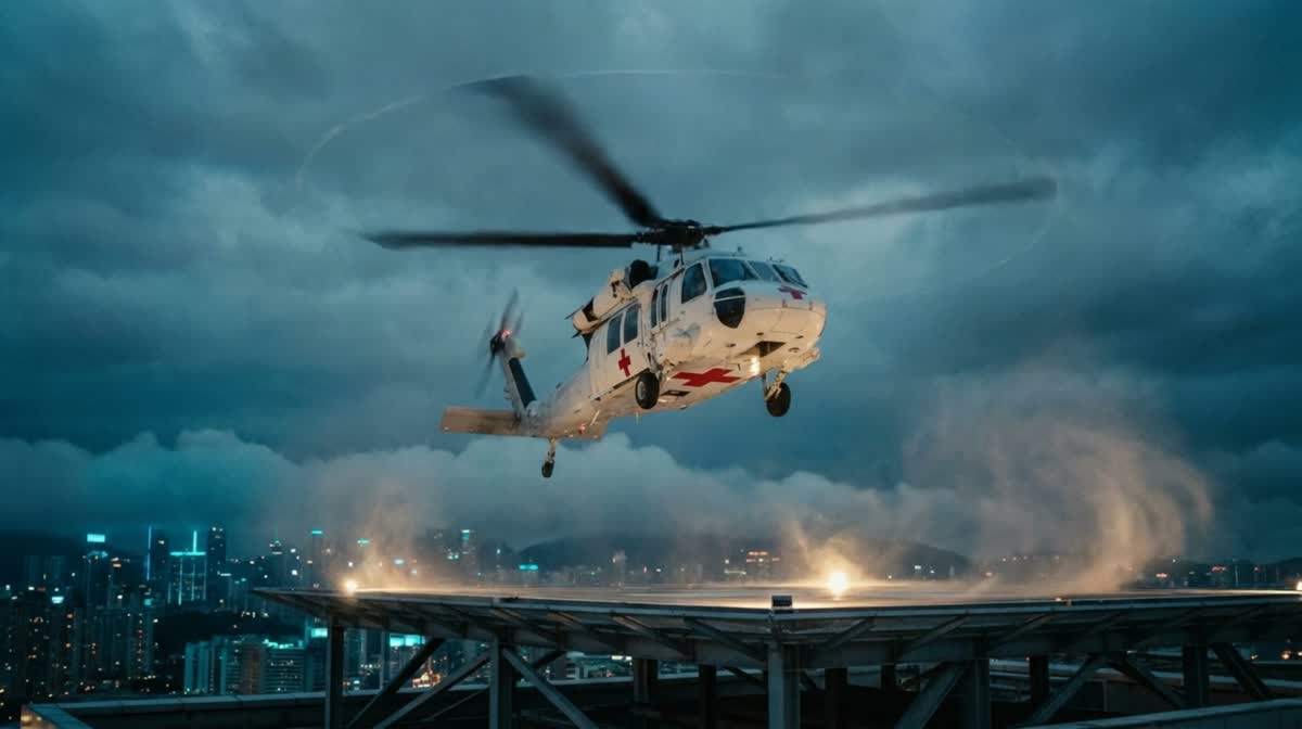 Medevac helicopter descending toward a rooftop helipad
