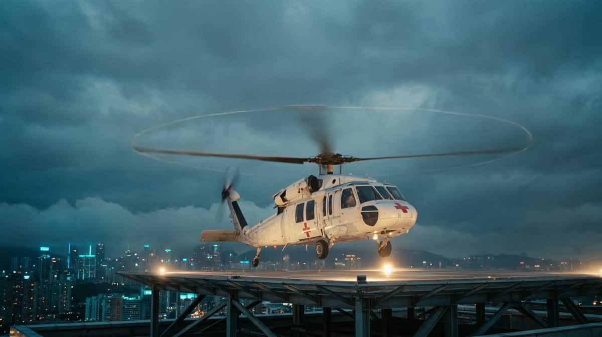 Medevac helicopter with red cross